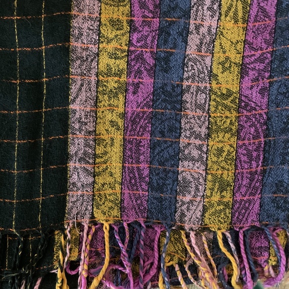Priya Woven Fringe Shawl | Boho Striped Scarf Wrap | Black Mustard Plum Artisan - Picture 3 of 5